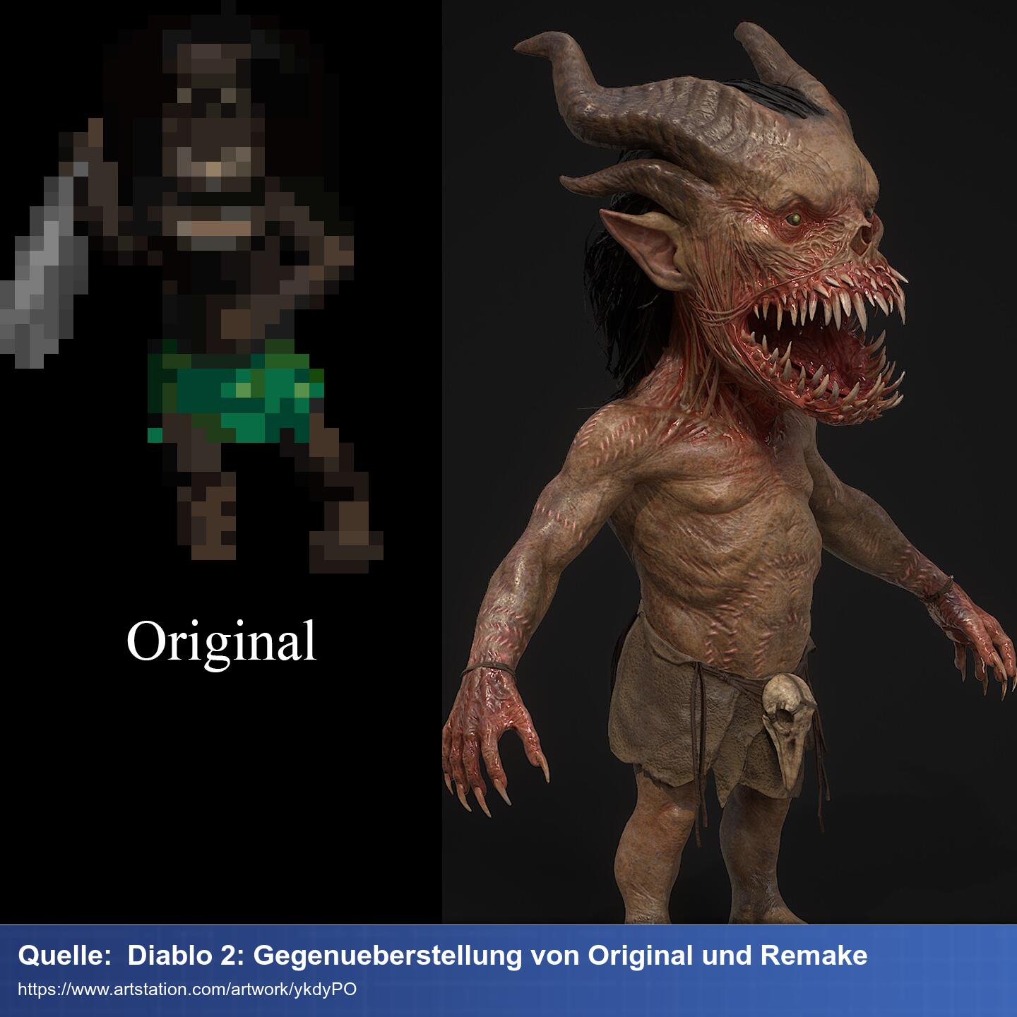 Gegenüberstellung der alten Grafik von Diablo 2 und den hoch detailierten Modellen des Remakes.