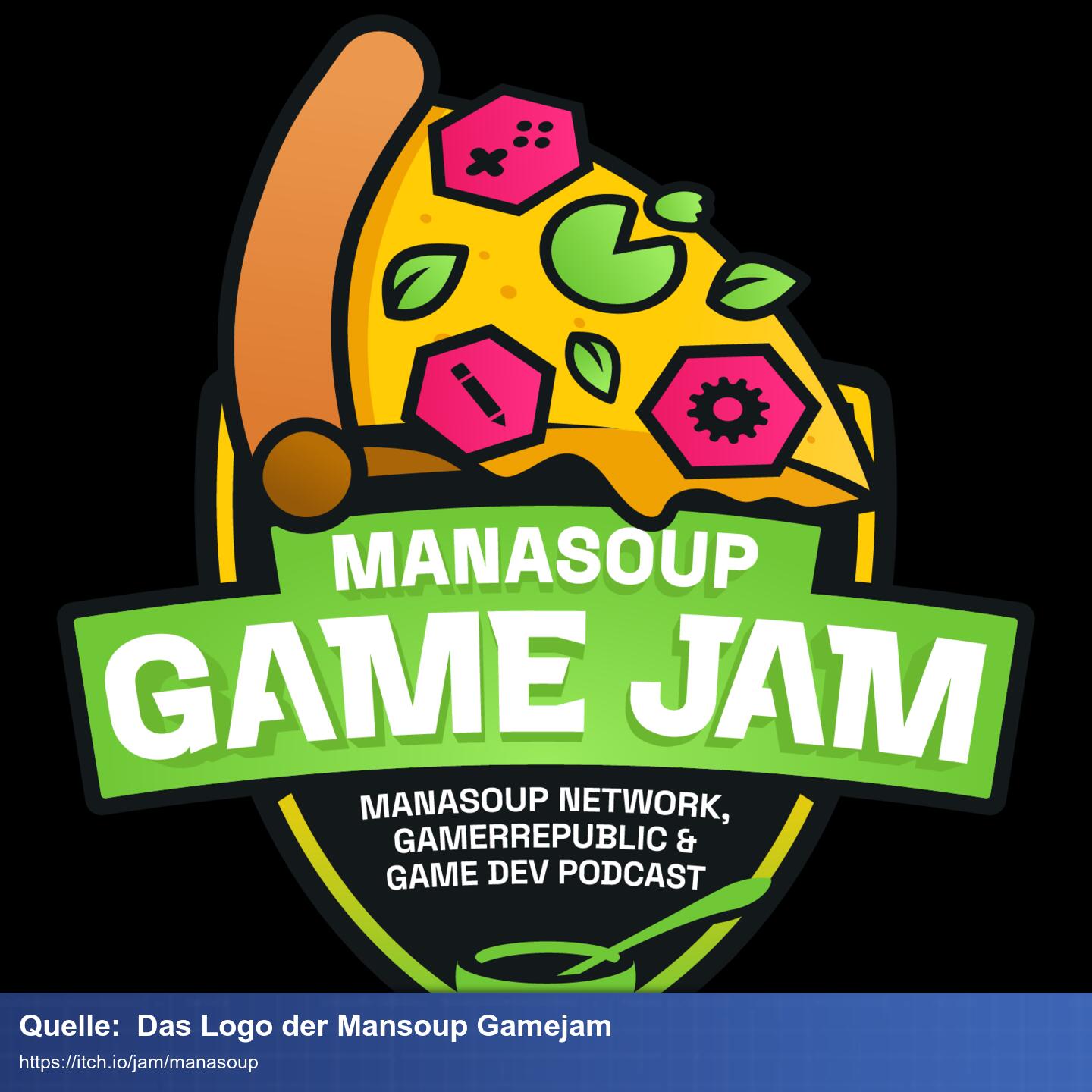 Das Logo besteht aus einem Wappen mit der Aufschrift 'Manasoup GameJam. Über dem Wappen thront ein Pizzastück wird auf dem rosa Sechsecke liegen welche die Logos der Gamerrepublic Website zeigen.