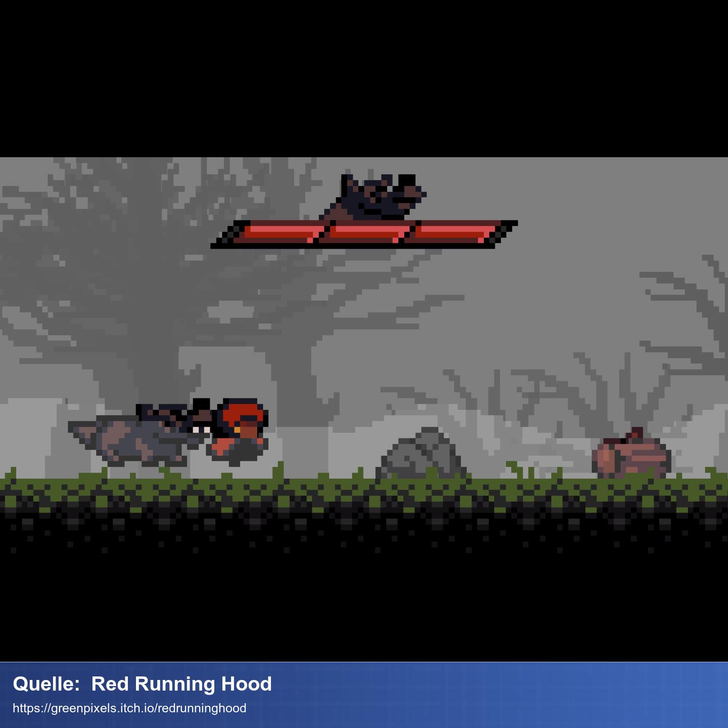 Der Screenshot des Spiels zeigt eine neblige Landschaft mit Rotkäppchen im Vordergrund wie sie vor dem Wolf weg läuft.