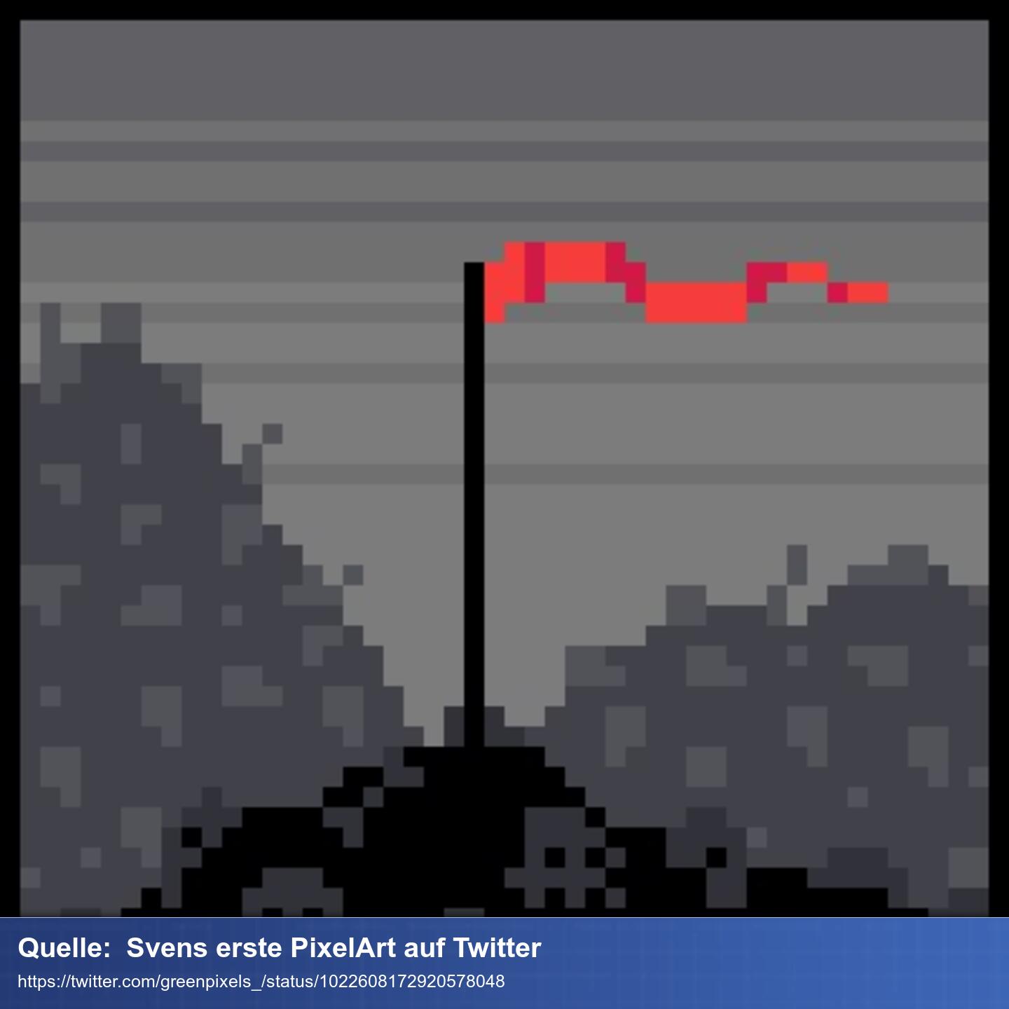 Eine rote Fahne auf einem Haufen Totenschädel im PixelArt Stil.