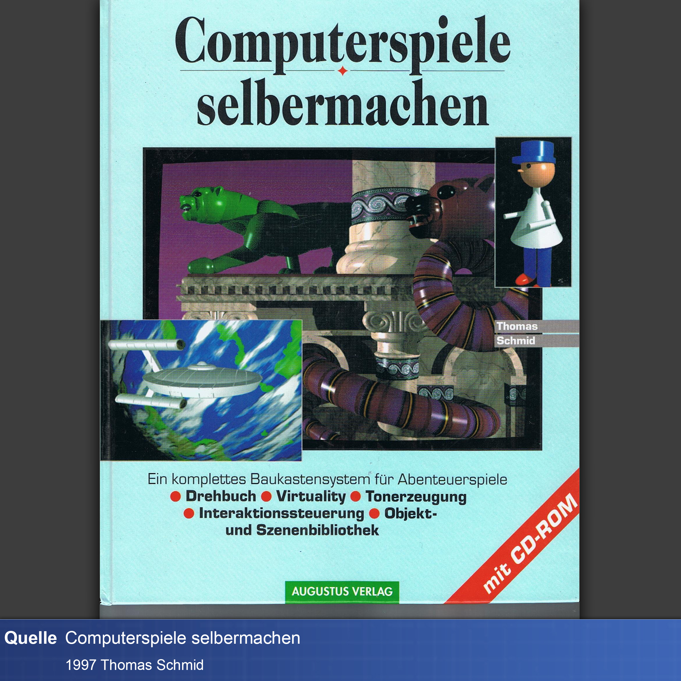 Buch-Cover mit frühen schlecht gealterten 3D Grafiken von einer Figur mit blauem Hut, einem Raumschiff ähnlich der Enterprise und einer violetten Schlange und einem grünen Panther die beide glänzen wie Plastik.