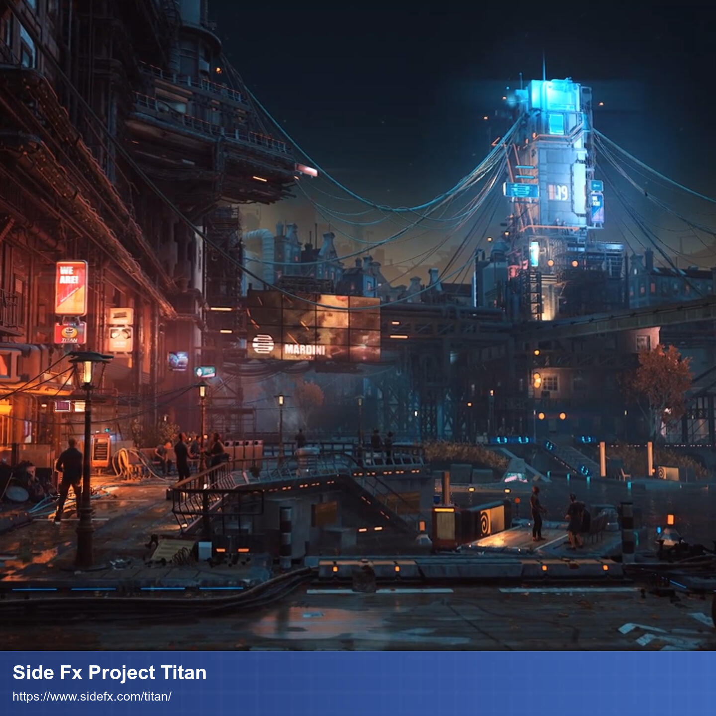 Blick auf eine Scifi-Stadt aus Perspektive eines Passanten mit Fokus auf einen imposanten Turm zu dem massenweise Kabel hinlaufen.