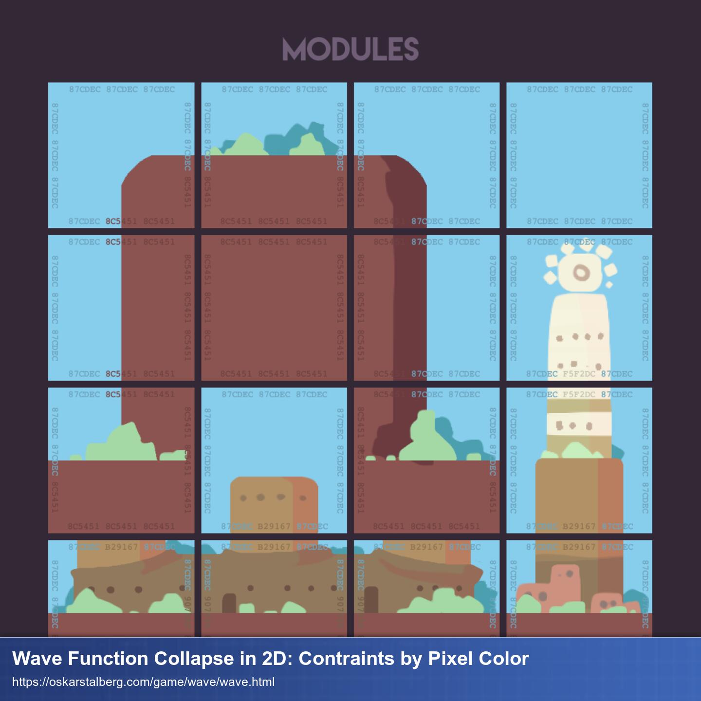 Übersicht über mehrere 2D Tiles in einfacher comichafter Farbgebung die Erde, Büsche und Gebäude zeigen.