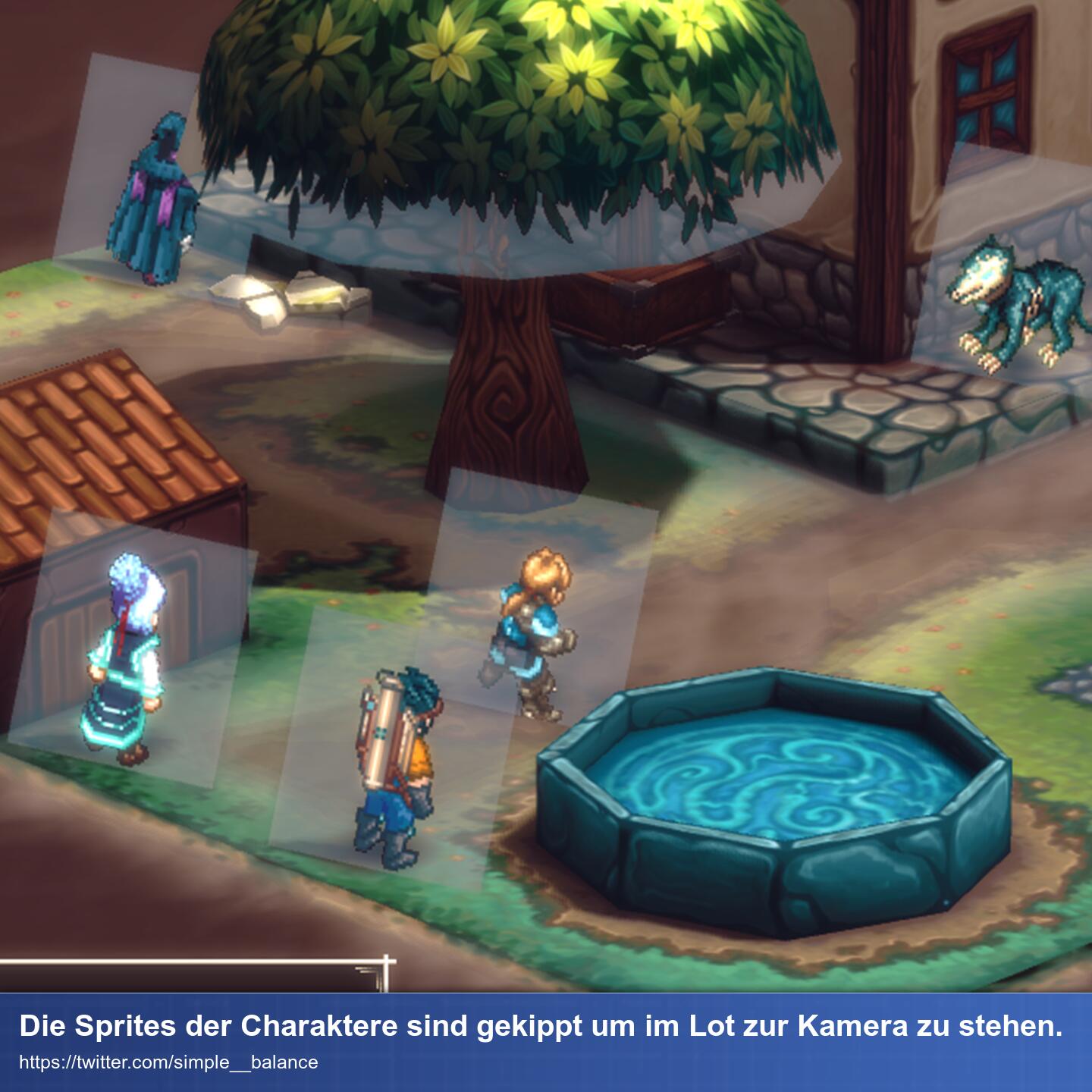 Blick von oben auf ein kleines Dorf. Kamera ist nah an den Charakteren. Man sieht, dass deren Sprites leicht gekippt im Level stehen.