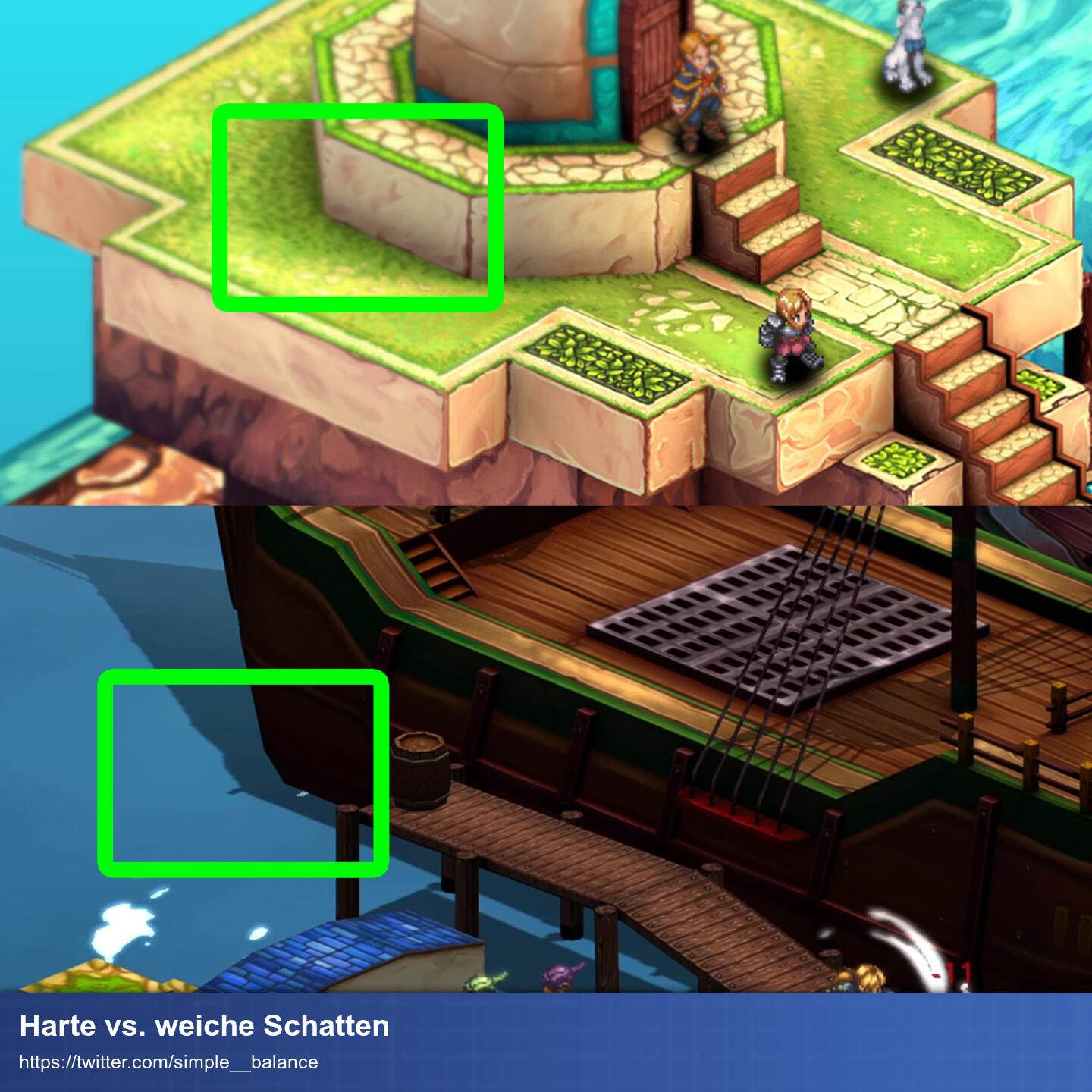 Oben: Grünfläche mit weichen Schatten die ein Turm wirft. Unten: Harte Schatten auf dem Wasser welche durch ein Schiff geworfen werden.