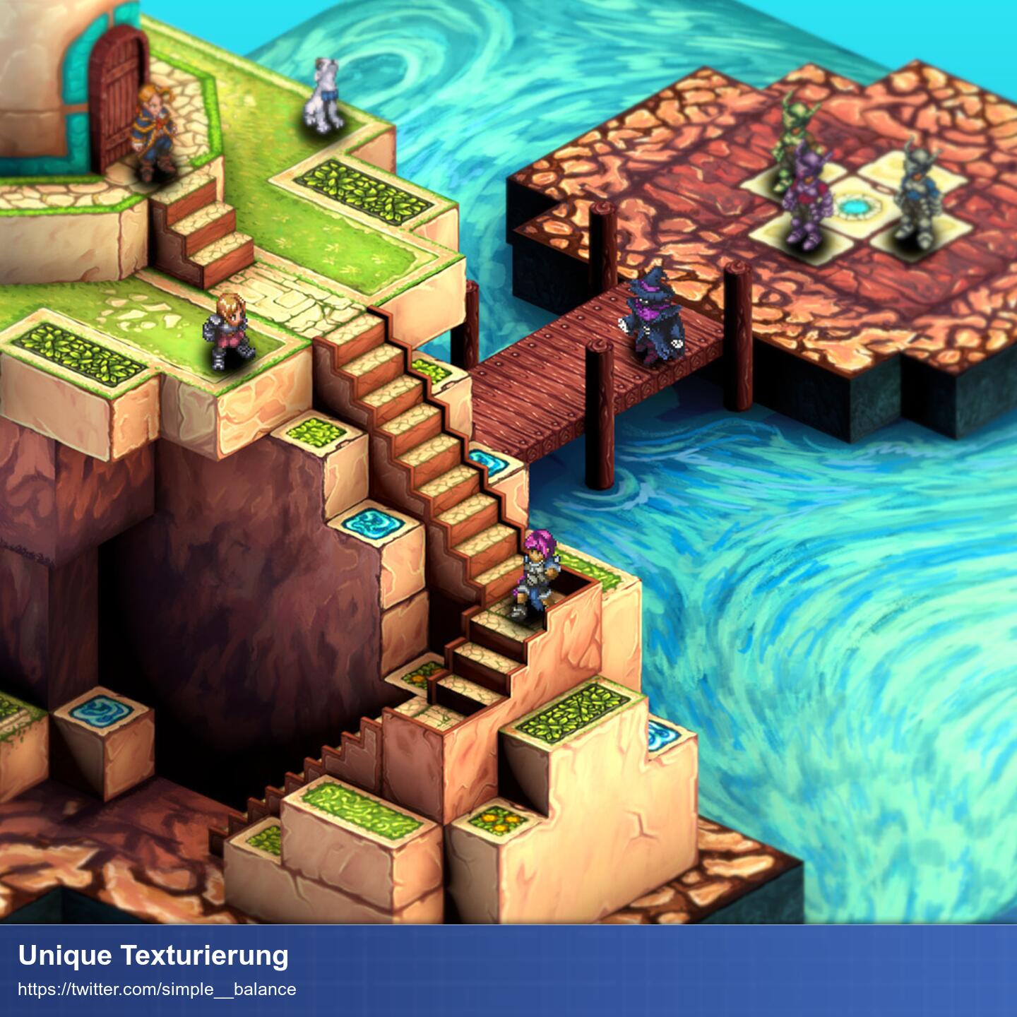 Begrünte Insel im Wasser mit Steg zu einer kleineren felsigen Insel. Die Optik ist sehr kubisch wie Minecraft.
