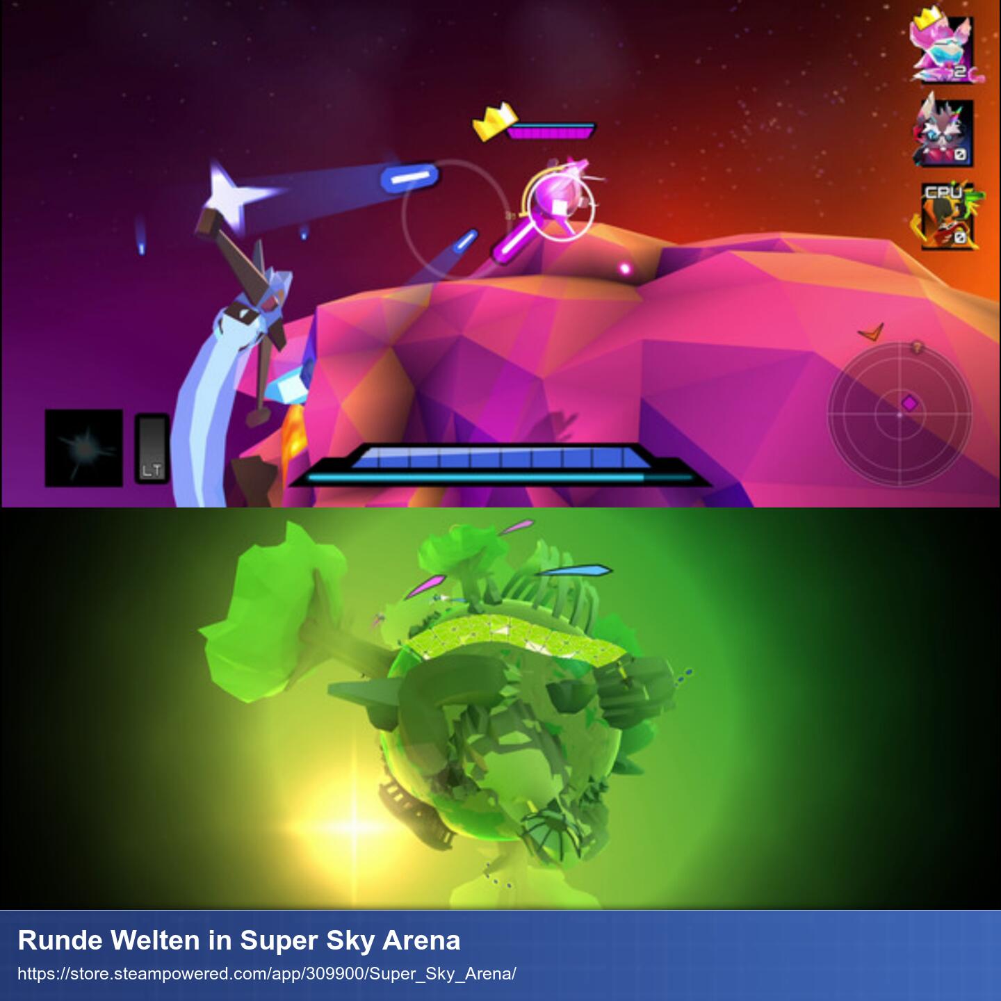 Zwei Screenshots übereinander. Beide zeigen die runden und sehr kleinen Planetenwelten des Spiels um die man herumfliegt. Die obere Welt ist rötlich gehalten und ein blaues Raumschiff schießt gerade auf ein rosanes. Der untere Screenshot zeigt eine grüne Welt mit großen Bäumen.
