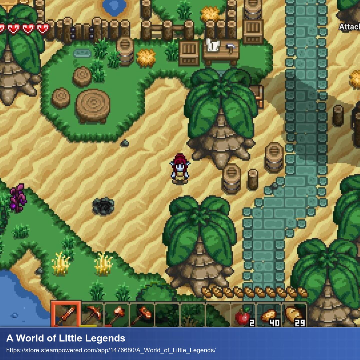 Vogelperspektive auf die Pixel-Welt des Spiels. Grüne Grassflächen und Sand wechseln sich ab. Dazwischen gibt es Palmen, Sträucher und eine Figur die man spielt.