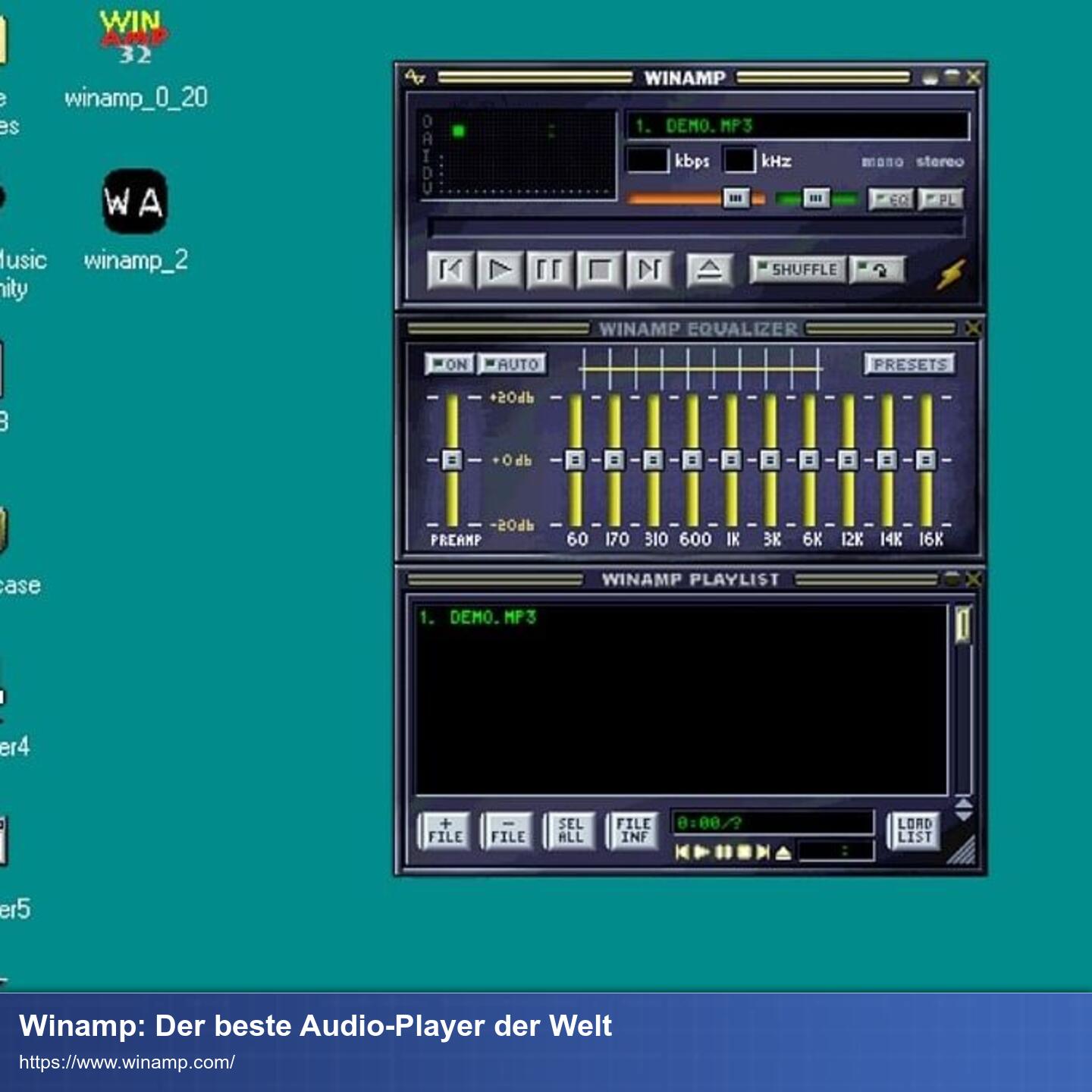 Screenshot von Winamp. Dunkelblaue Oberfläche mit farbigen Equalizern und anderen grauen Kontrollelementen.
