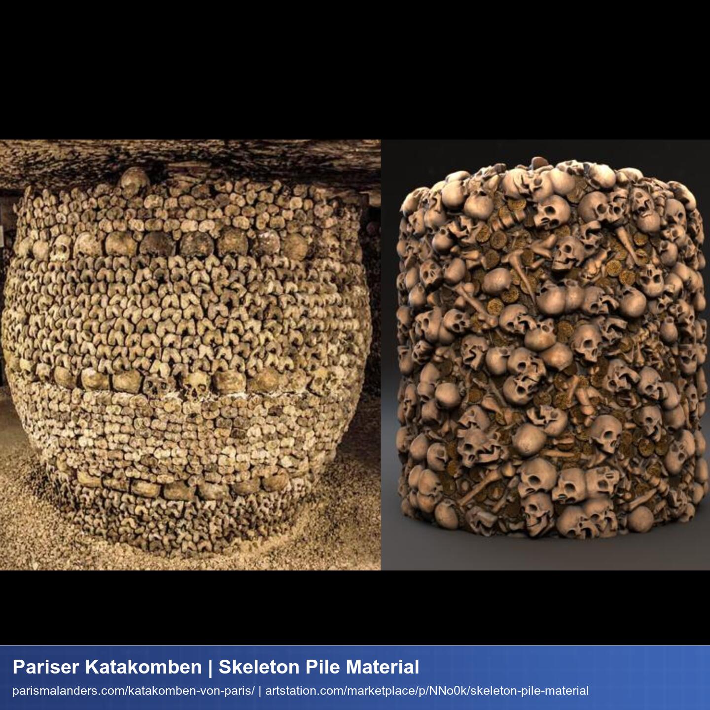 Das Foto der Knochensäule aus den Katakomben gegenübergestellt einem cylinder aus Substance Designer auf dem ein Knochen-Material dargestellt ist.