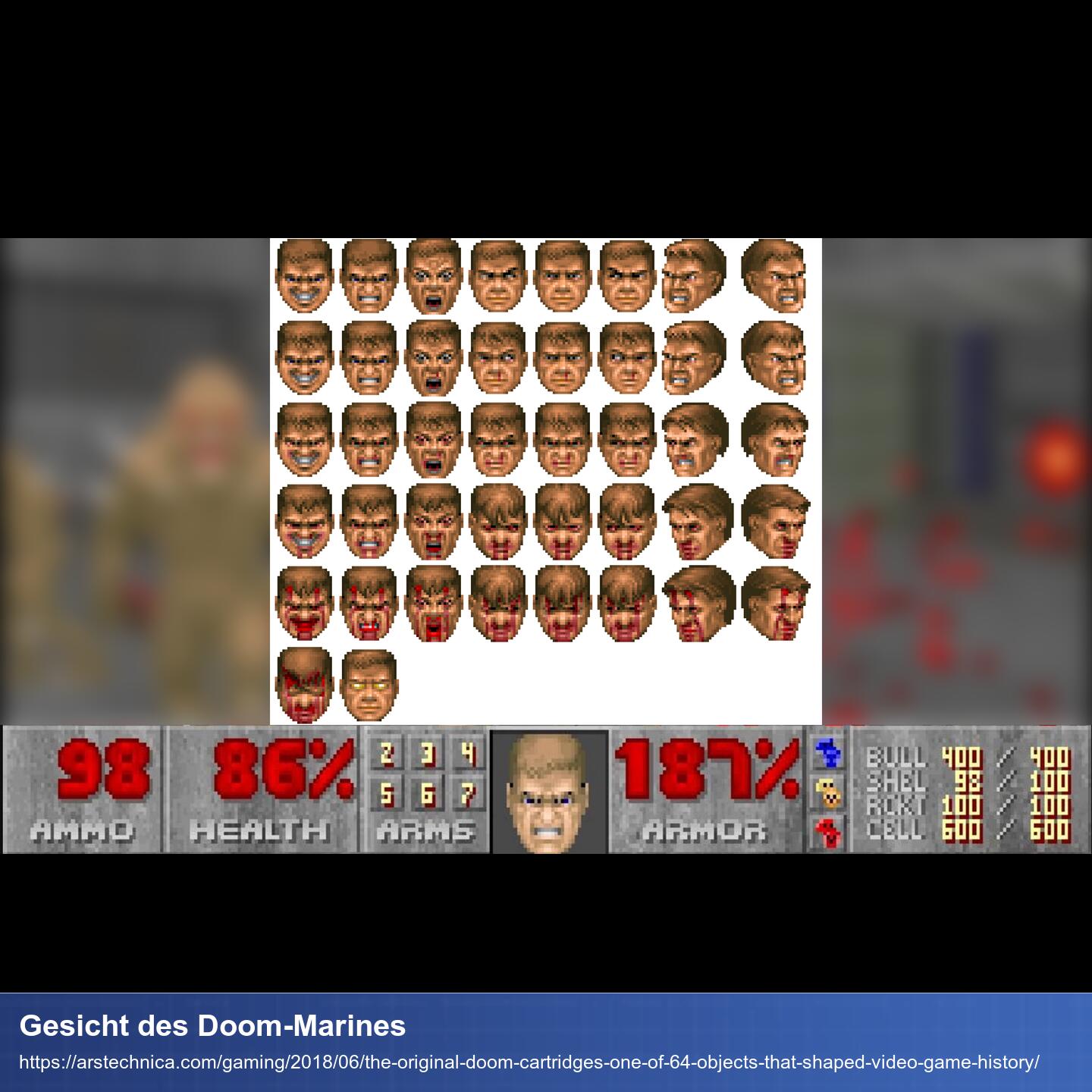 Screenshot von Doom. In der Mitte des Interfaces sieht man den Kopf das Protagonisten.