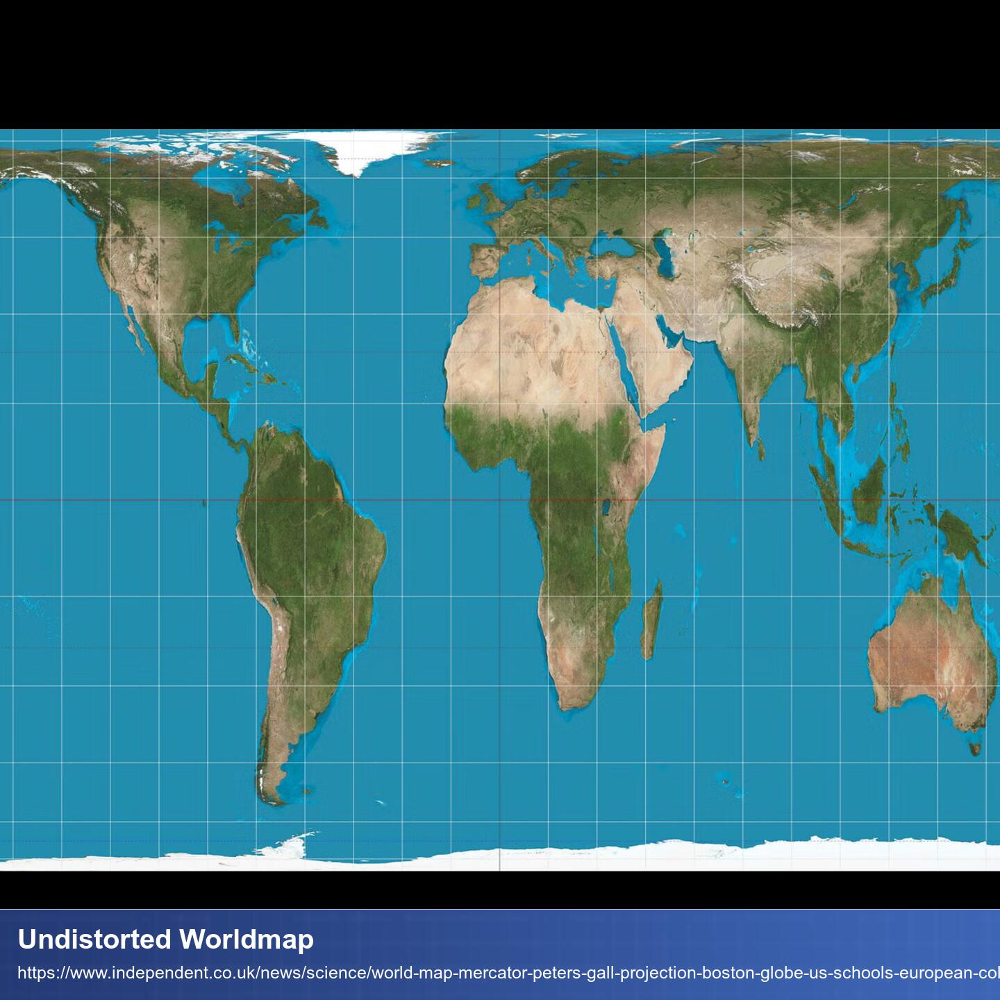 Weltkarte, auf der die Pole nicht zu groß und Bereiche wie Afrika nicht zu klein dargestellt sind.