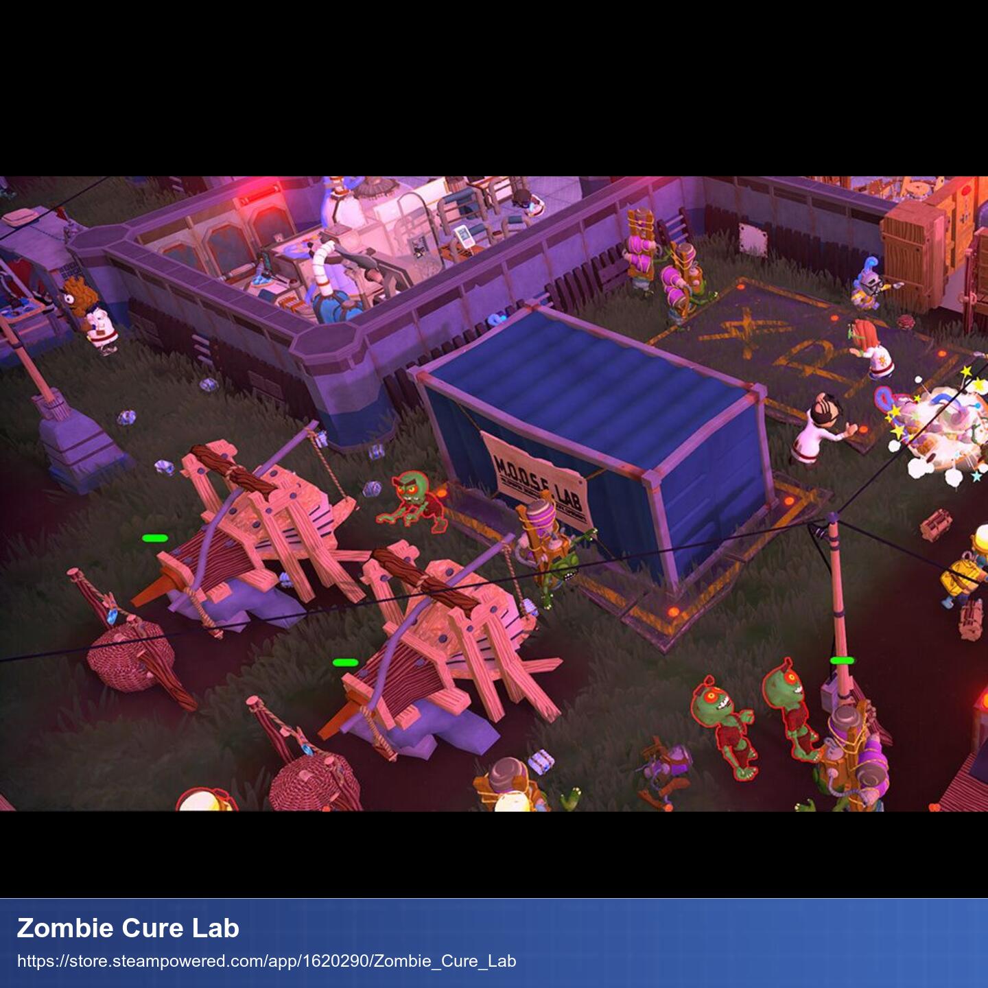 Screenshot des Spiels. Mehrere Gebäude und Zombies sind aus Vogelperspektive zu sehen. Zwischen den Gebäuden ist Untergrund aus Erde und Grass zu sehen.