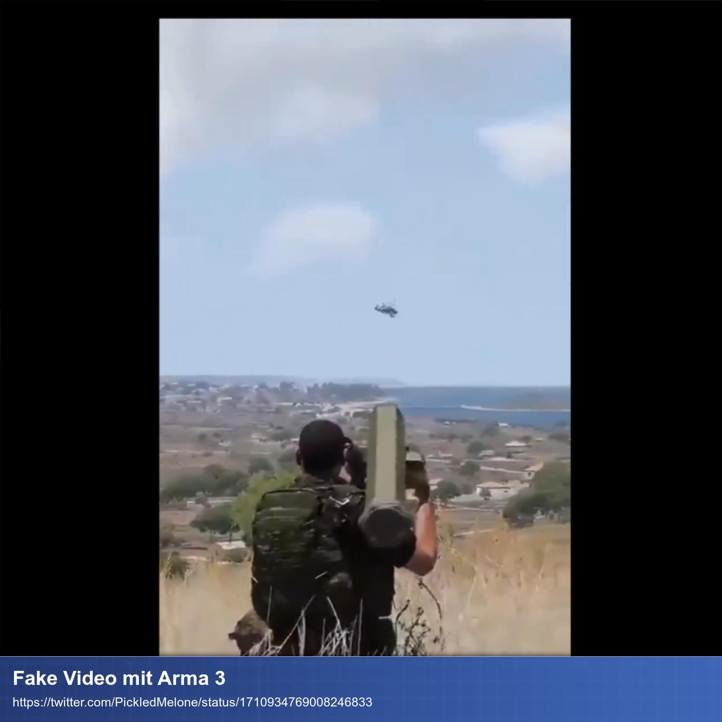 Soldat steht mit dem Rücken zur Kamera und zieht mit einer Raketen-Waffe auf einen Helikopter in der Entfernung. Es ist ein Sreenshot aus dem Spiel Arma 3.
