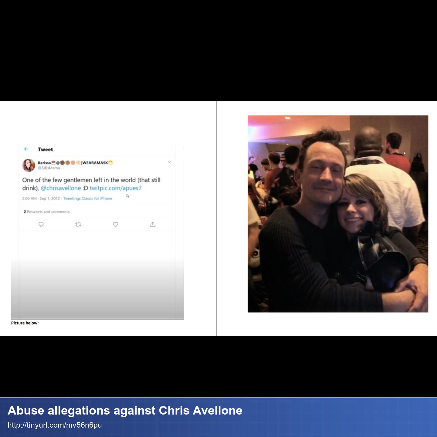 Links ein Screenshot von einem Tweet von Karissa und rechts ein Foto von Chris Avellone wie er eine Frau im Arm hält. Beide lächeln in die Kamera.