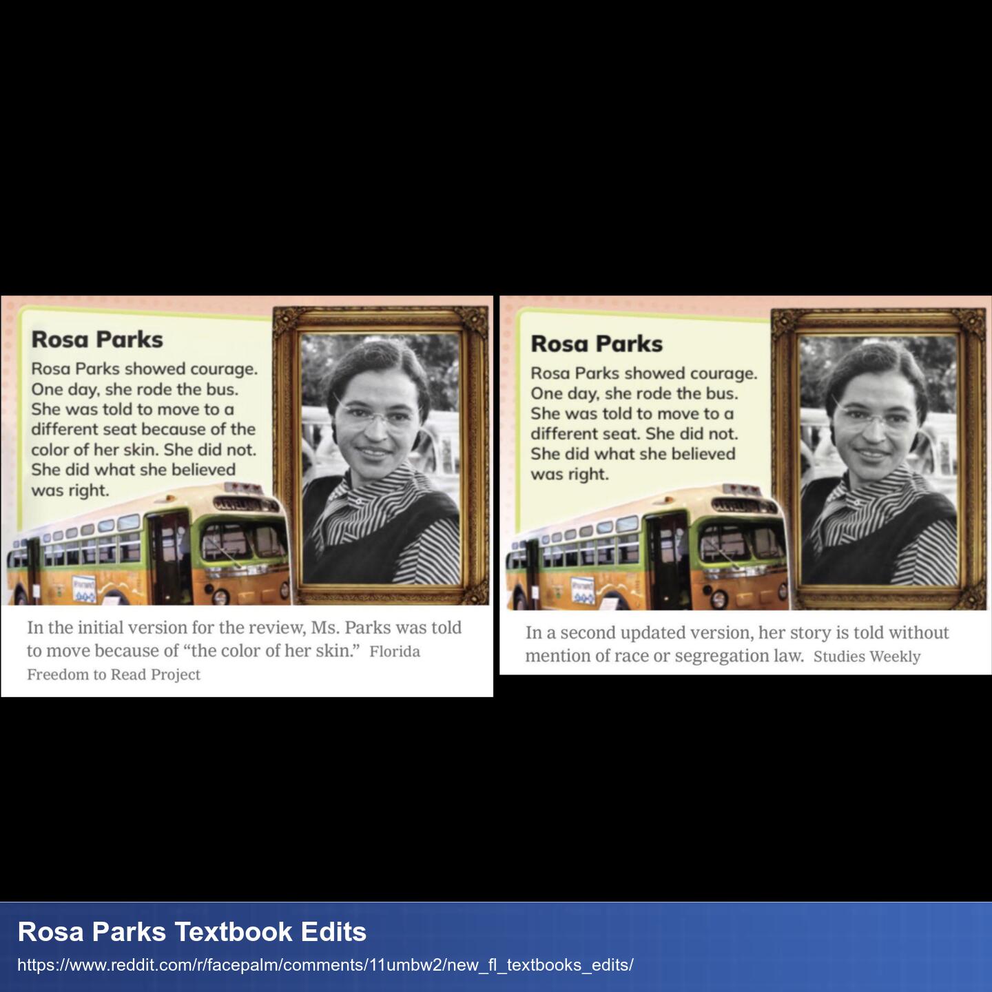 Vergleich zwischen 2 Versionen eines Artikels über Rosa Parks. Man sieht den geänderten Text und ein Foto von ihr.